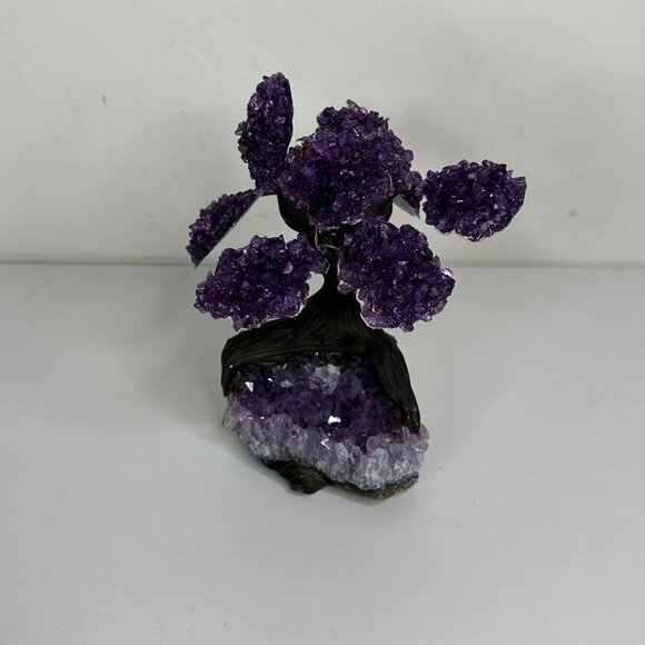 Amethyst Cluster Gemstone Bonsai Tree Sculpture With Tree Trunk Base - Picture 1 of 8